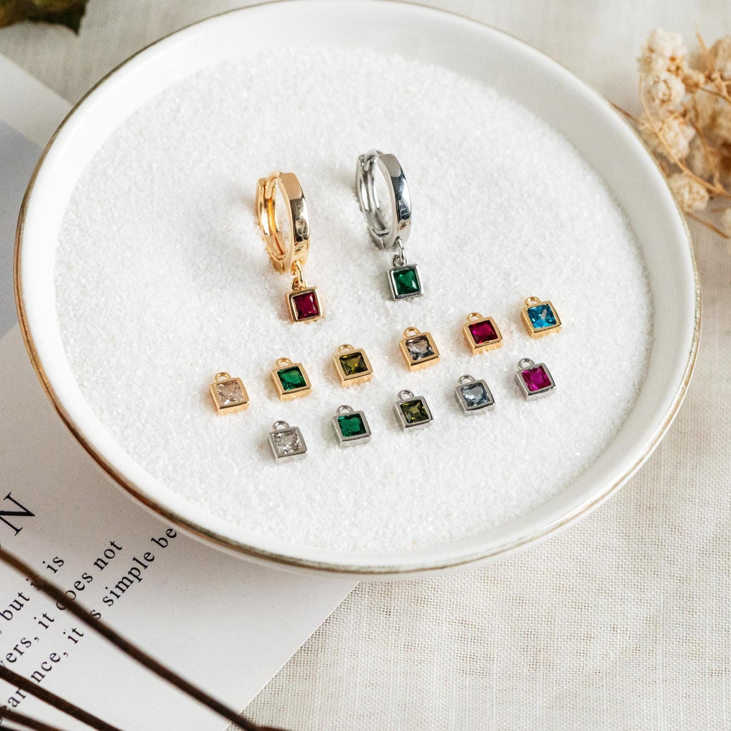 10pcs CZ Pave Gold/ Silver tone Square Charms, Mini Cube Pendants 4x6mm, Gold/ Rhodium plated Brass, Multi Colors (GB-1025)