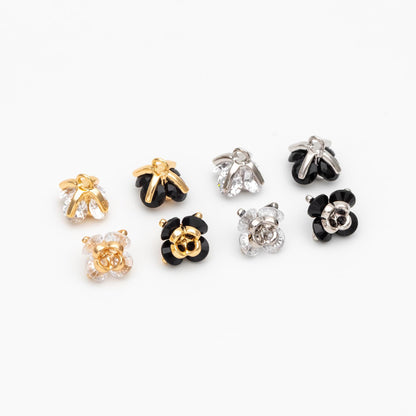 10pcs CZ Pave Flower Charms 8mm, Gold/ Silver tone Floral Pendants, Clear/ Black Cubic Zirconia (GB-343)