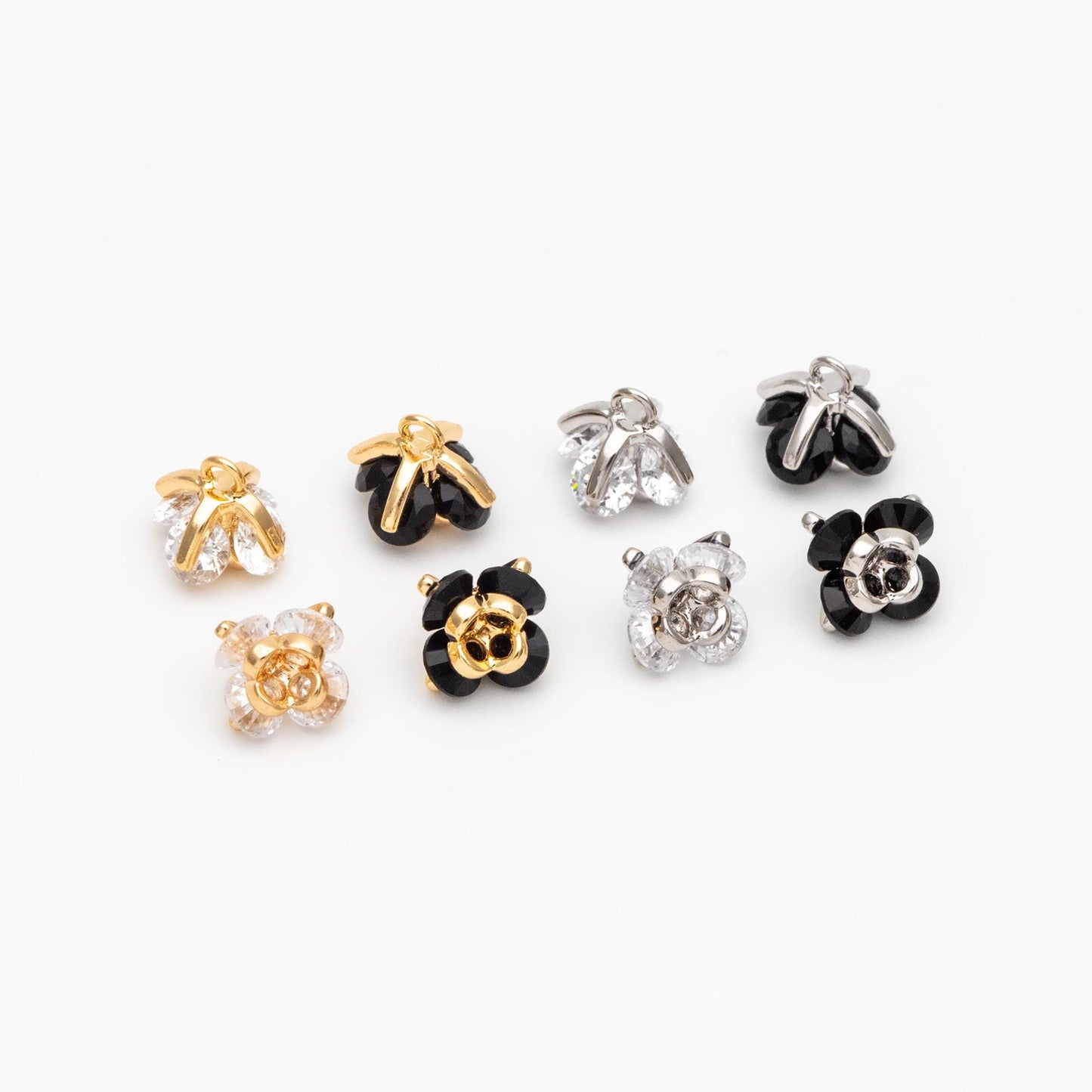 10pcs CZ Pave Flower Charms 8mm, Gold/ Silver tone Floral Pendants, Clear/ Black Cubic Zirconia (GB-343)