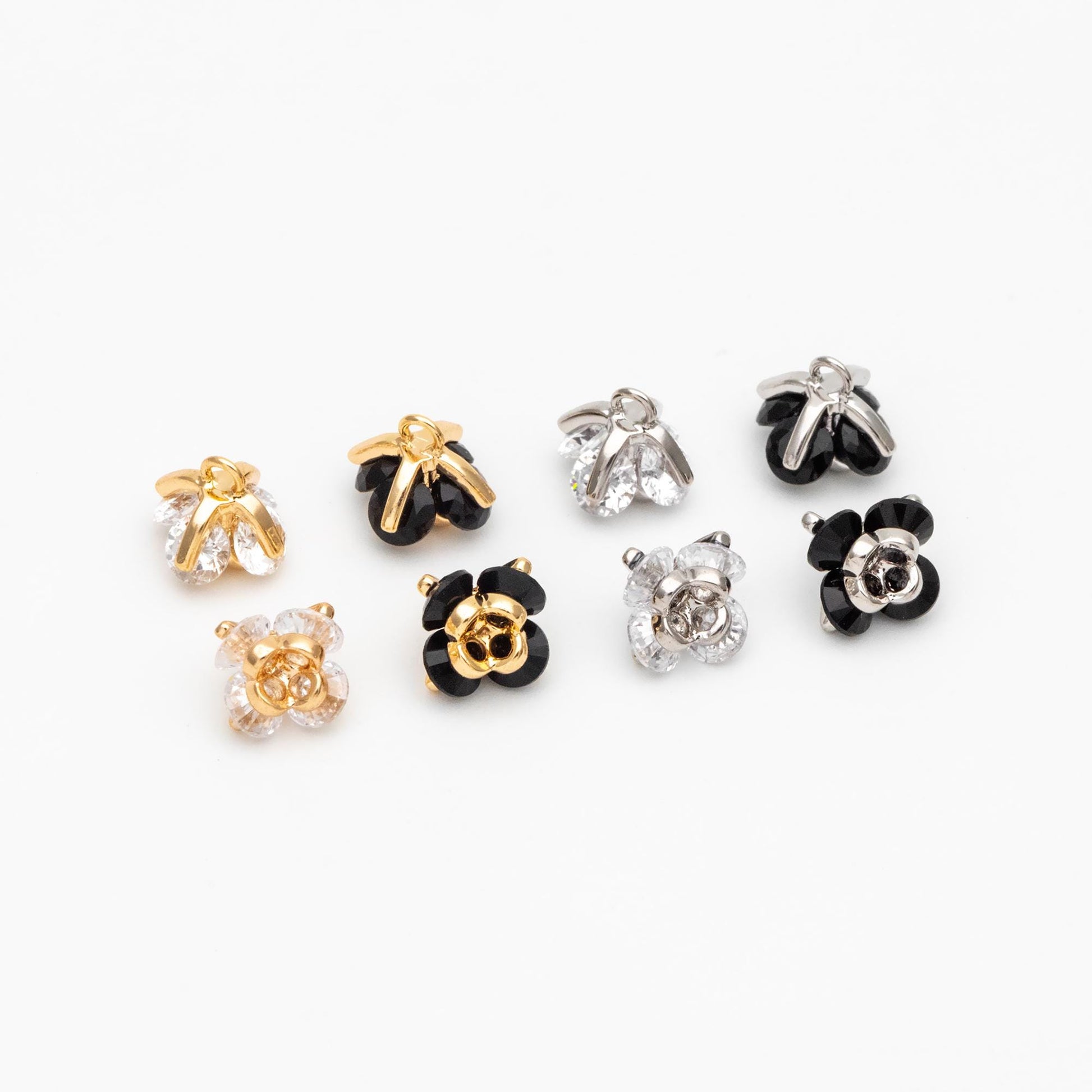 10pcs CZ Pave Flower Charms 8mm, Gold/ Silver tone Floral Pendants, Clear/ Black Cubic Zirconia (GB-343)