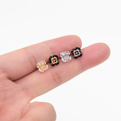 10pcs CZ Pave Flower Charms 8mm, Gold/ Silver tone Floral Pendants, Clear/ Black Cubic Zirconia (GB-343)