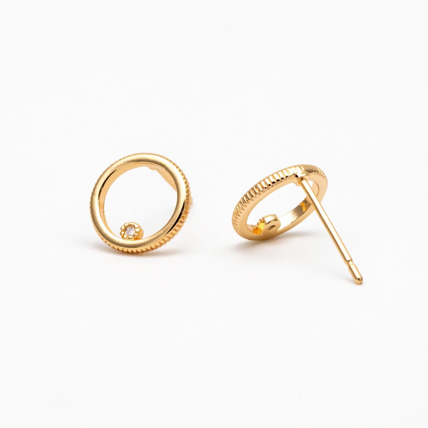 10pcs CZ Pave Circle Ear Posts 10mm, Real Gold/ Rhodium Plated Brass, Geometric Ring Stud Earrings (#GB-365)