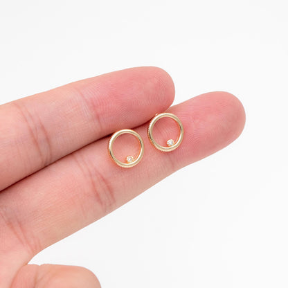 10pcs CZ Pave Circle Ear Posts 10mm, Real Gold/ Rhodium Plated Brass, Geometric Ring Stud Earrings (#GB-365)