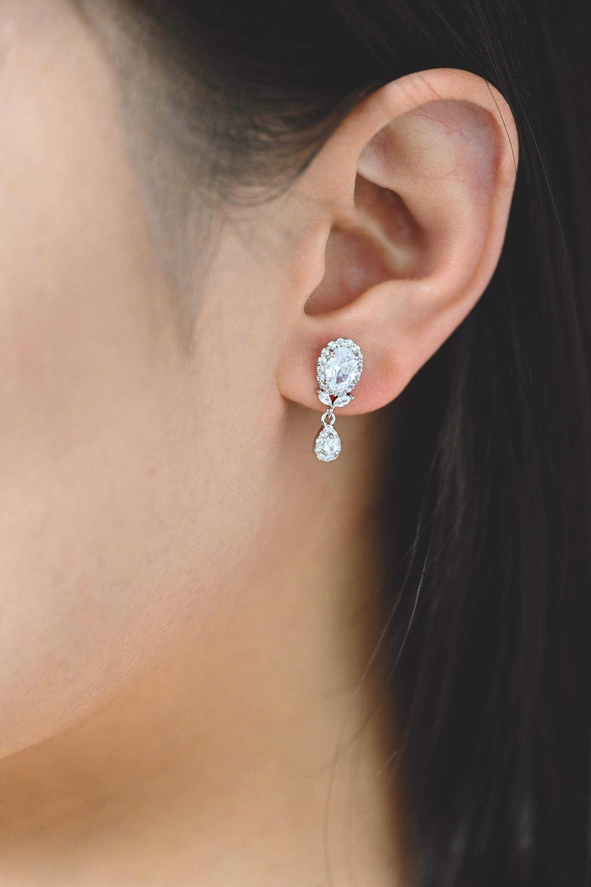4pcs Silver tone Teardrop Stud Earrings, CZ Pave Earrings, Rhodium plated Brass Earrings (#GB-2131)