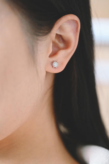 10pcs CZ Pave Gold Sun Ear Posts 8x7mm, Real Gold/ Rhodium Plated Brass Stud Earrings (#GB-3041-J)