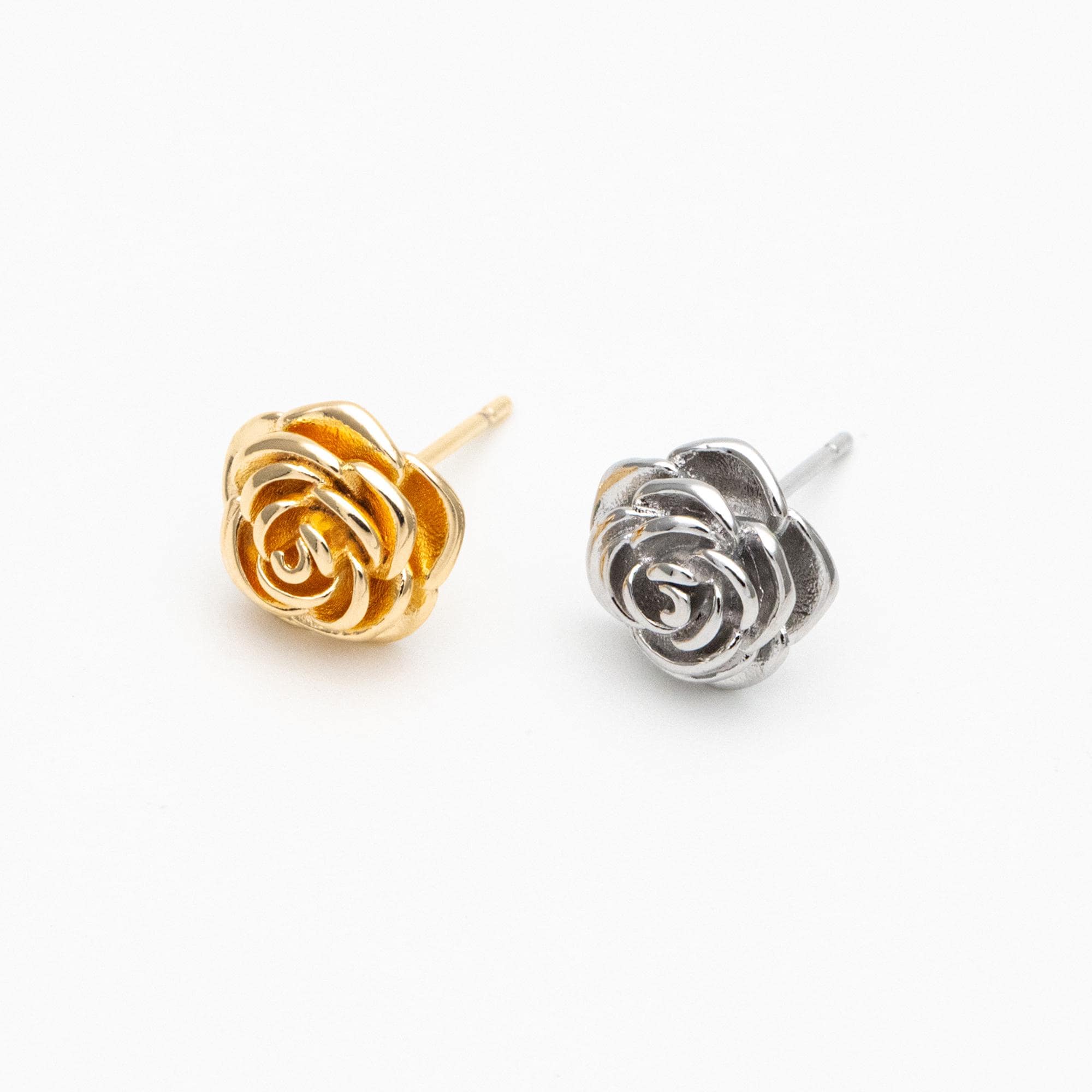 4pcs Gold/ Silver Tone Camellia Earrings, 10mm, Gold/ Rhodium Plated Brass, Flower Stud Earrings (GB-4626)