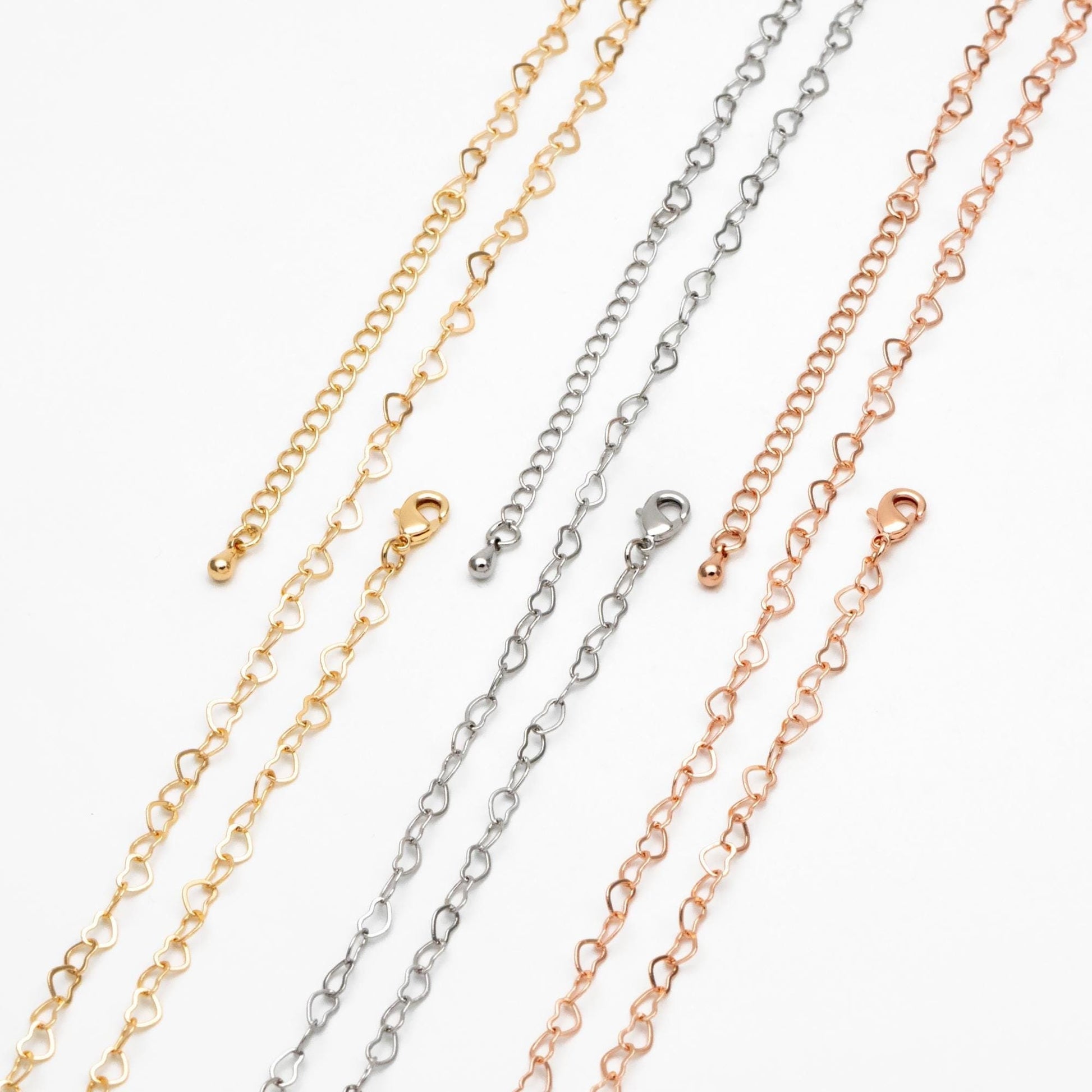 Gold/ Silver/ Rose Gold Heart Chains, Finished Bracelet/ Anklet/ Necklace with Extender Chain, Gold plated Brass, Ready to Wear (#LK-105)