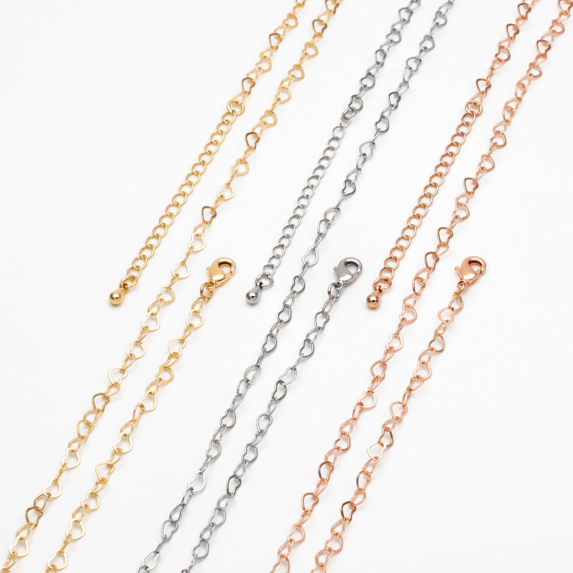 Gold/ Silver/ Rose Gold Heart Chains, Finished Bracelet/ Anklet/ Necklace with Extender Chain, Gold plated Brass, Ready to Wear (#LK-105)