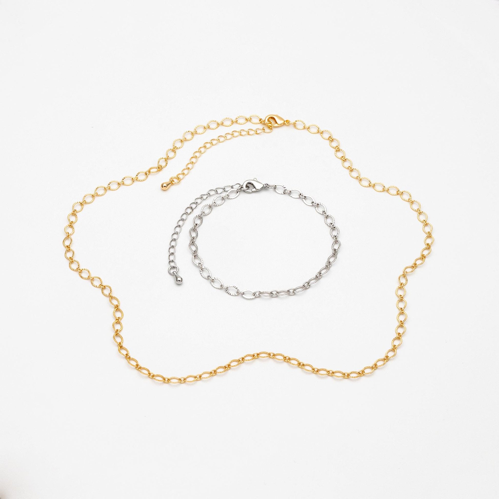 Gold/ Silver tone Flat Oval Cable Chains 4mm, Finished Bracelet/ Anklet/ Necklace with Extender Chain, Ready to Wear (#LK-238)