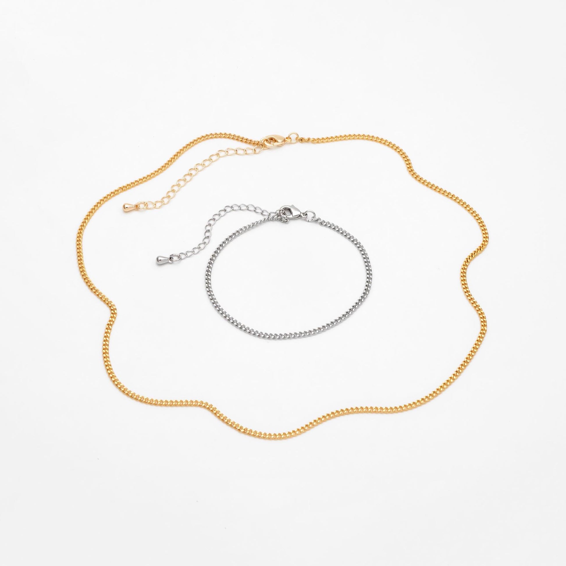 Gold/ Silver Tone Curb Chain 2mm, Finished Bracelet/ Anklet/ Necklace with Extender Chain, Ready to Wear (#LK-447)