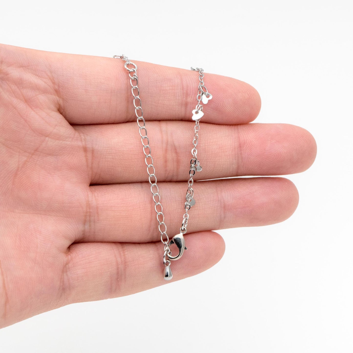 Silver tone Cable Chain with Dangling Heart Disc Charms, Finished Bracelet/ Anklet/ Necklace with Extender Chain, Ready to Wear (#LK-459-2)