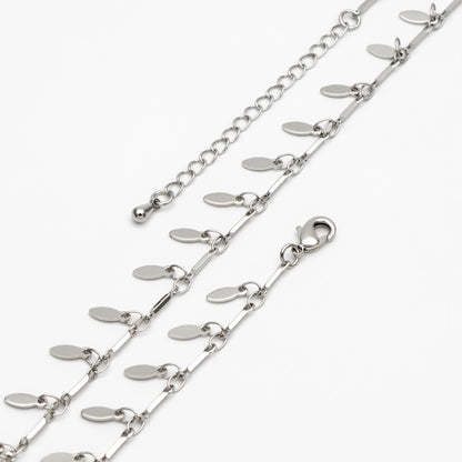 Silver Tone Bar Chain Bracelet: Dangling Oval Disc Chains, Adjustable Extender (#LK-460-2)