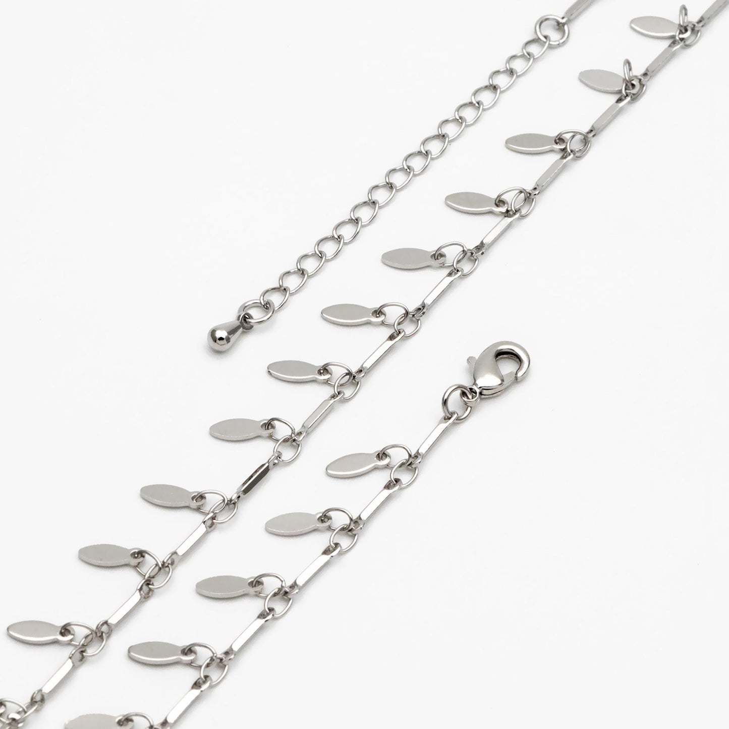 Silver Tone Bar Chain Bracelet: Dangling Oval Disc Chains, Adjustable Extender (#LK-460-2)