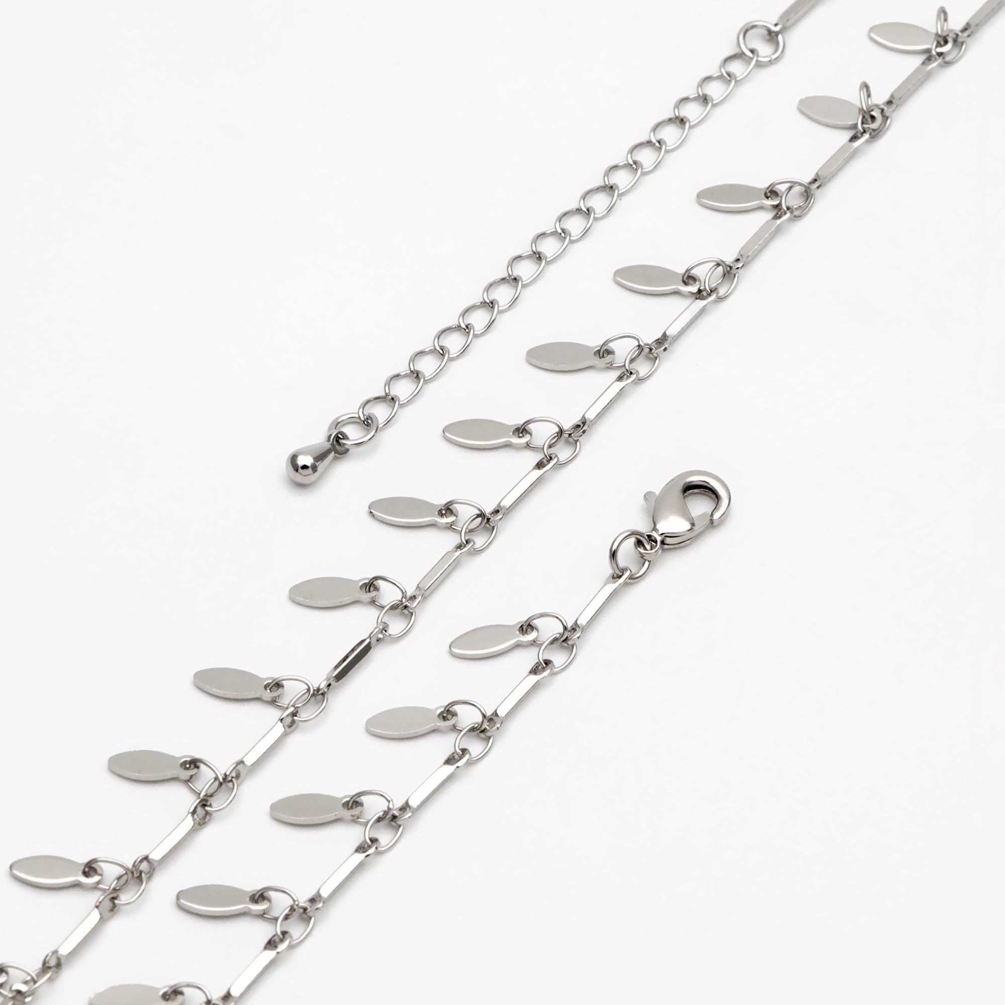 Silver Tone Bar Chain Bracelet: Dangling Oval Disc Chains, Adjustable Extender (#LK-460-2)