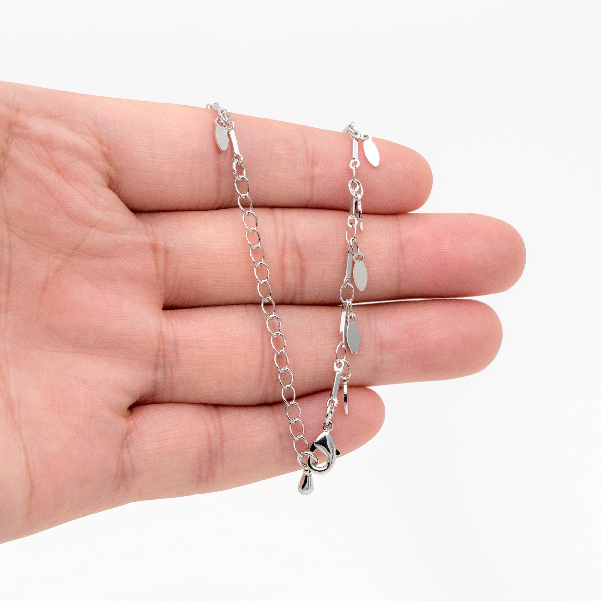 Silver Tone Bar Chain Bracelet: Dangling Oval Disc Chains, Adjustable Extender (#LK-460-2)
