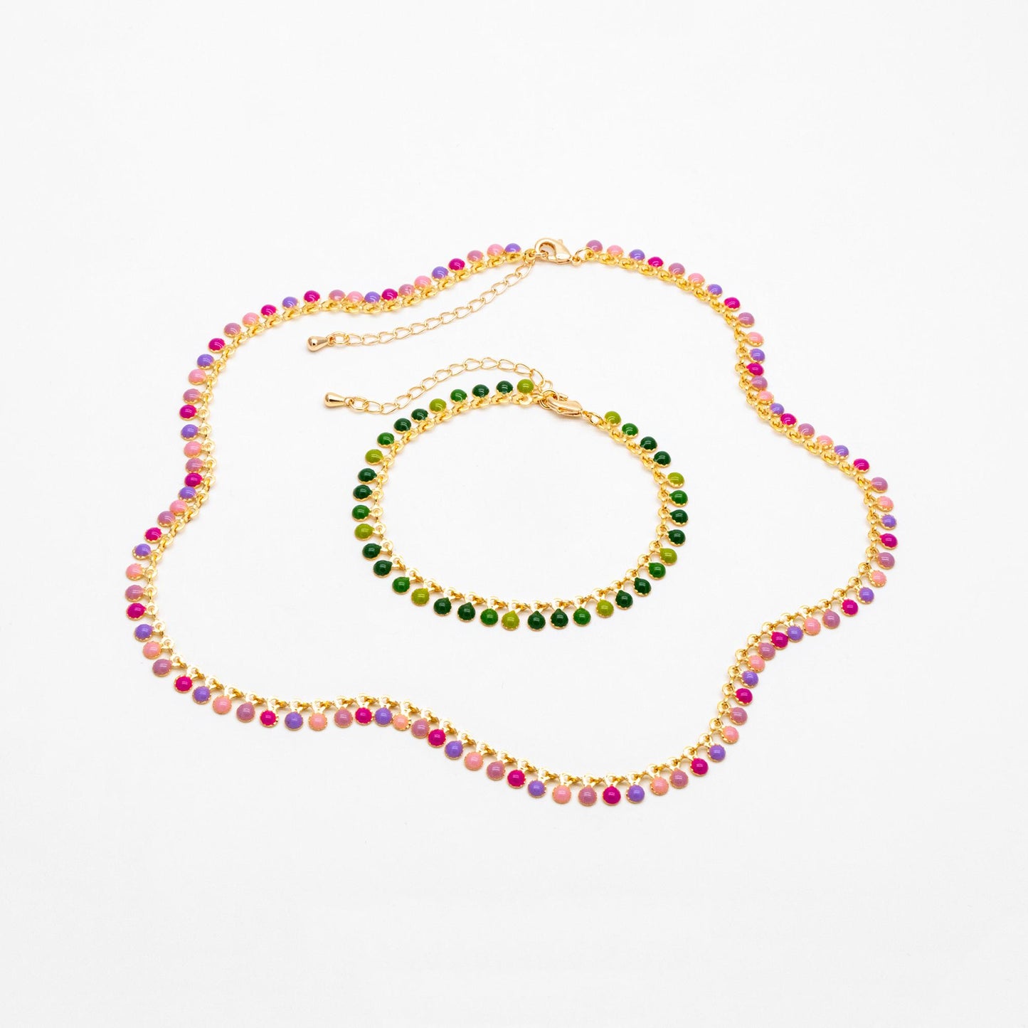 Purple/ Green Enamel Disc Chain, Finished Bracelet/ Anklet/ Necklace with Extender Chain, 16-18 inch Adjustable, Ready to Wear (#LK-619)