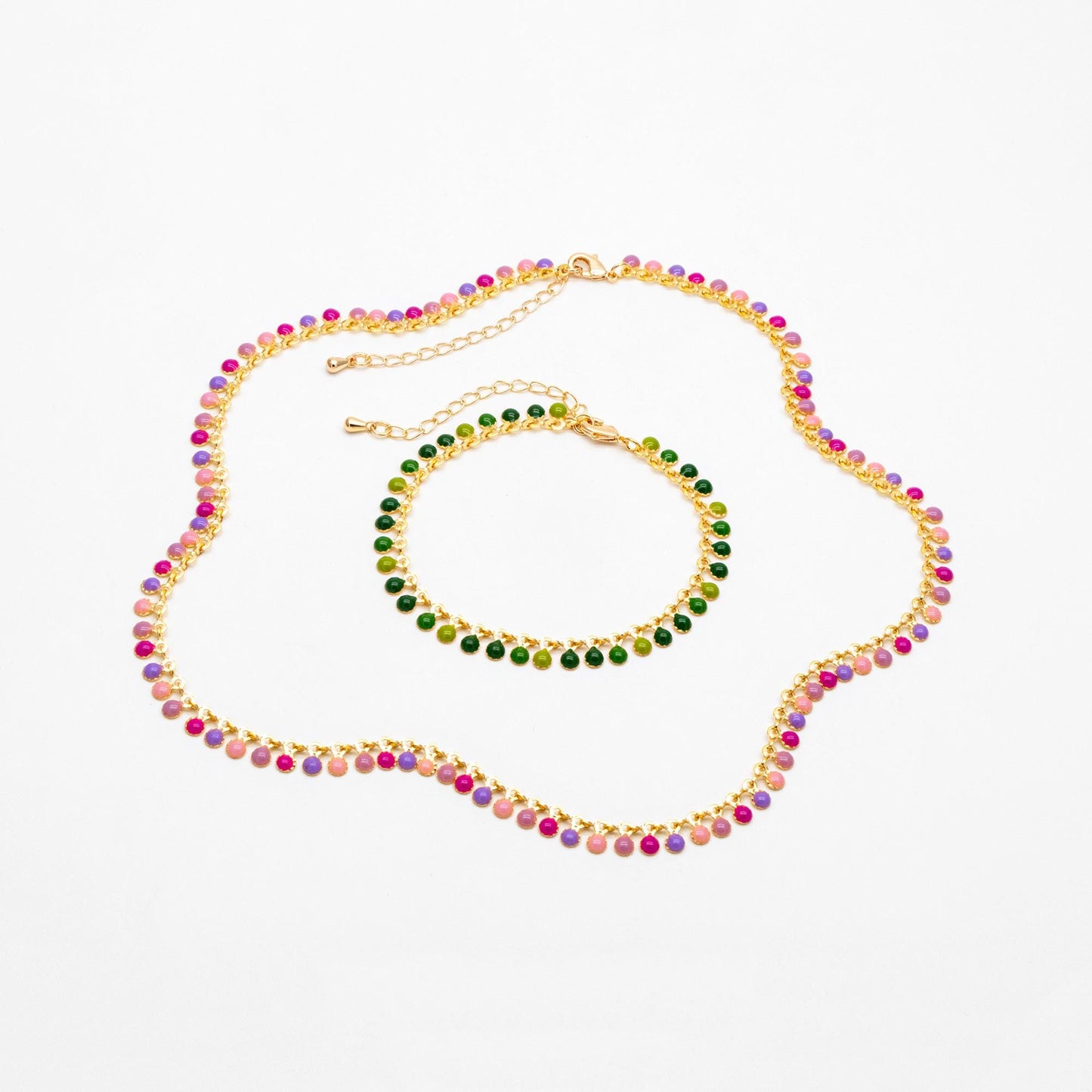 Purple/ Green Enamel Disc Chain, Finished Bracelet/ Anklet/ Necklace with Extender Chain, 16-18 inch Adjustable, Ready to Wear (#LK-619)