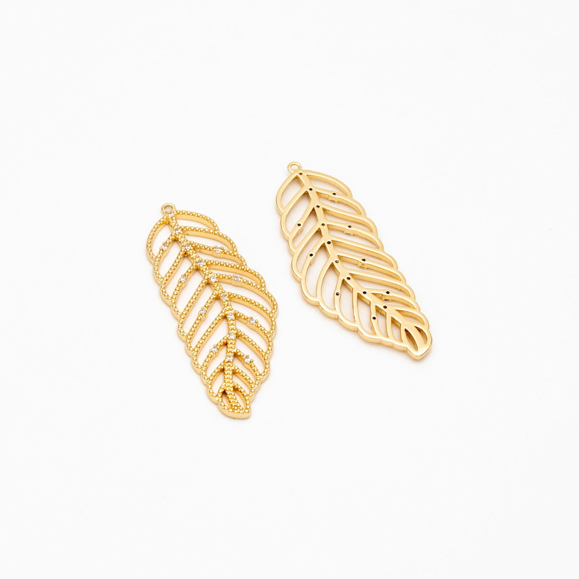 4pcs CZ Pave Gold Leaf Charms 38mm, 18K Gold plated Brass, Filigree Leaf Necklace Pendants (GB-373)