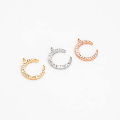 10pcs CZ Pave Moon Charms: Gold/ Rhodium/ Rose Gold Plated Brass Crescent Pendants (GB-618-G)