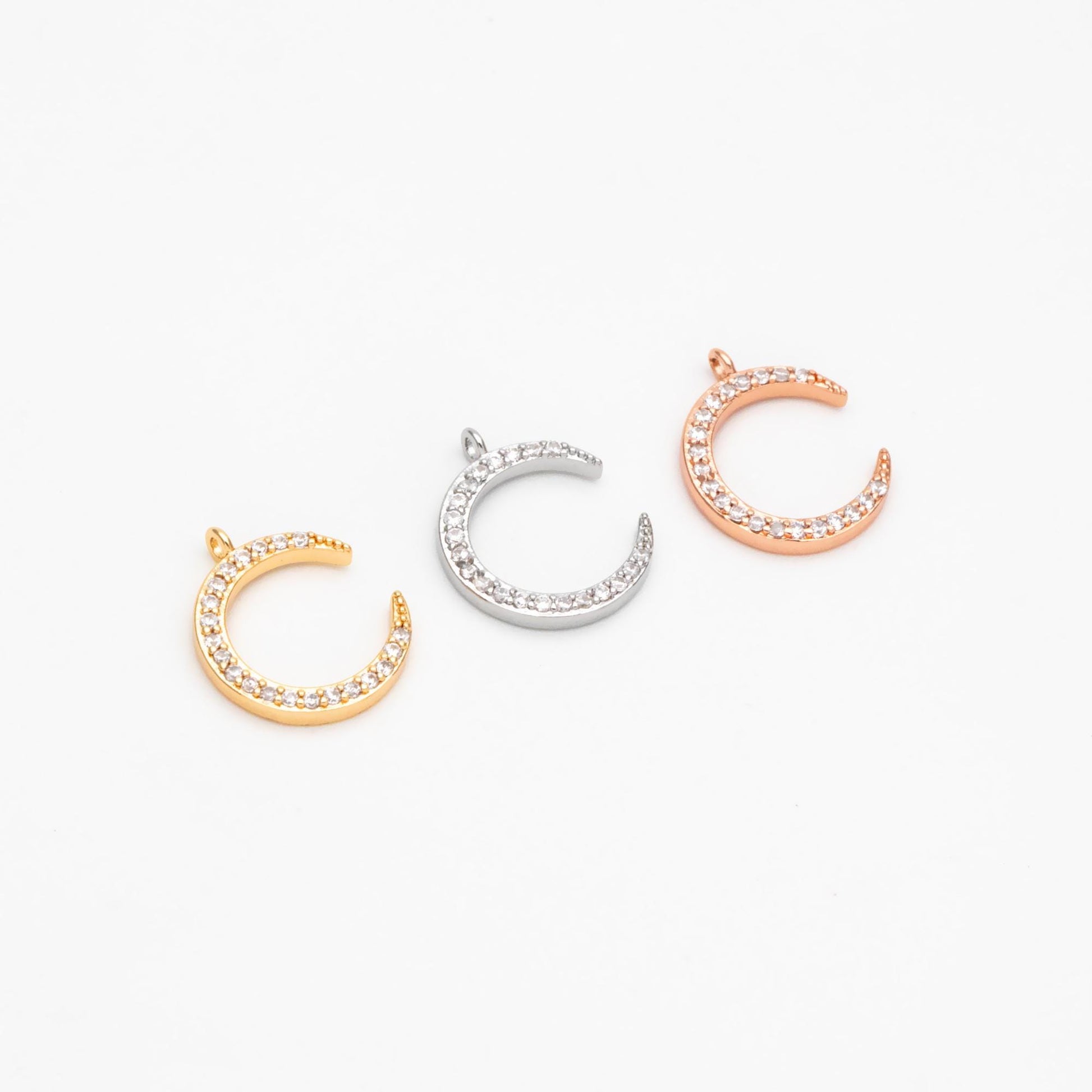10pcs CZ Pave Moon Charms: Gold/ Rhodium/ Rose Gold Plated Brass Crescent Pendants (GB-618-G)