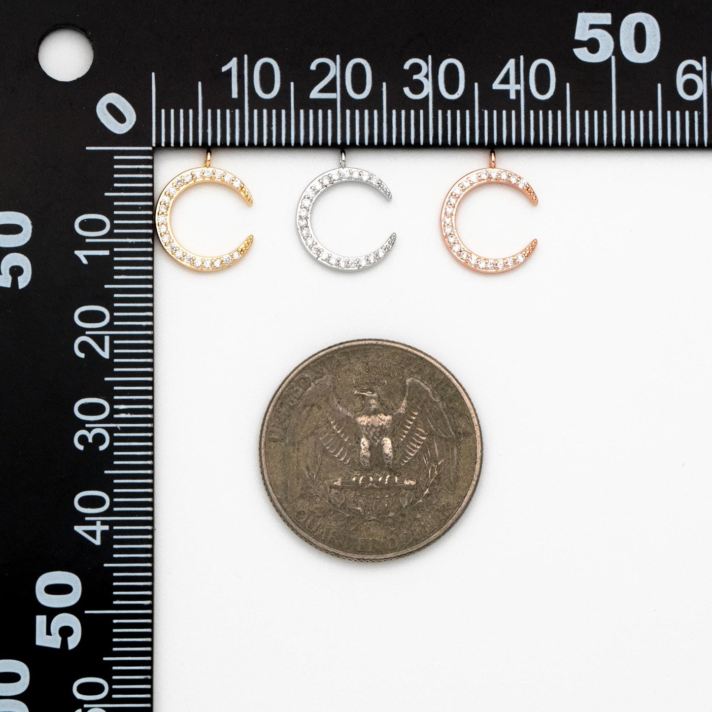 10pcs CZ Pave Moon Charms: Gold/ Rhodium/ Rose Gold Plated Brass Crescent Pendants (GB-618-G)