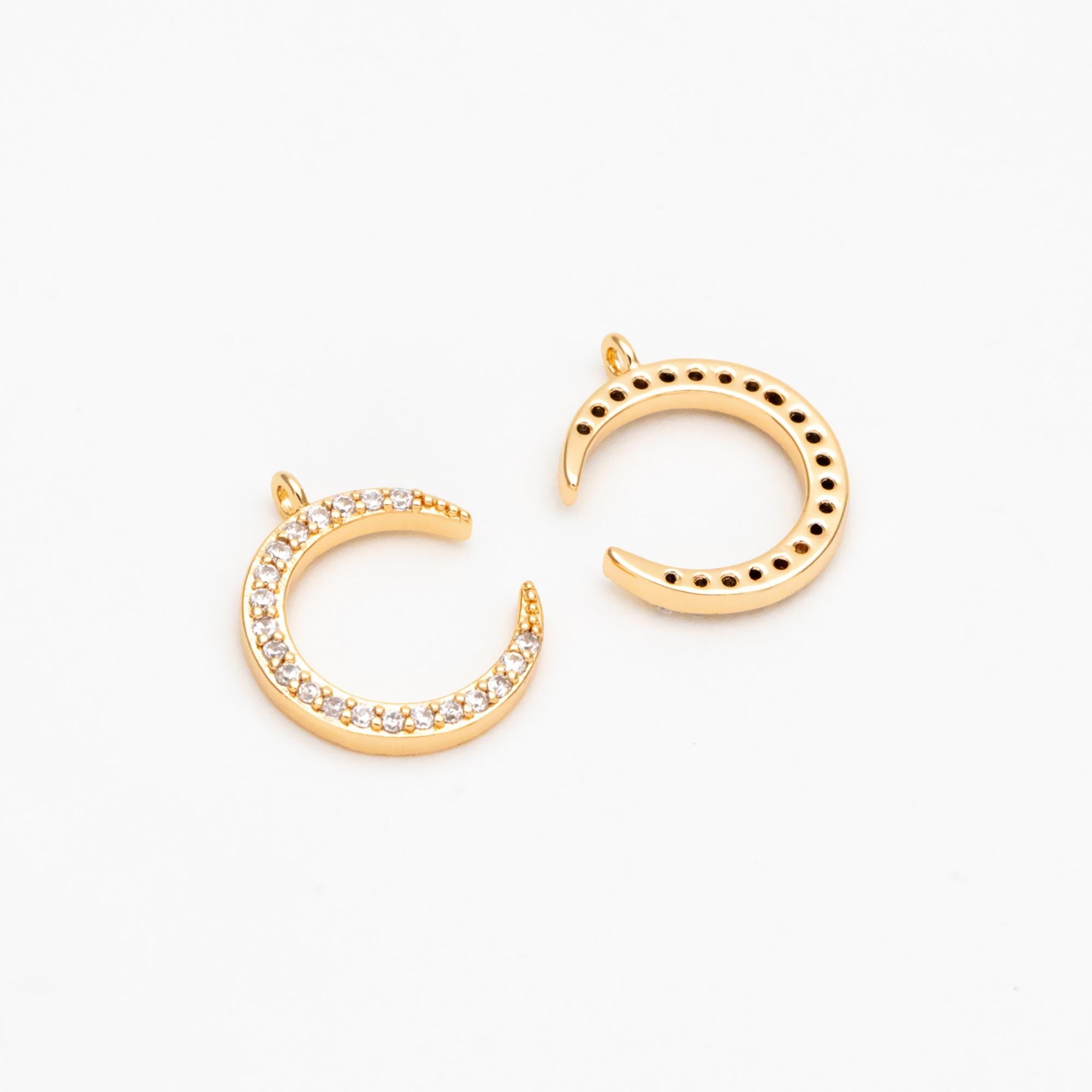 10pcs CZ Pave Moon Charms: Gold/ Rhodium/ Rose Gold Plated Brass Crescent Pendants (GB-618-G)