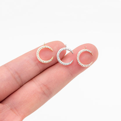 10pcs CZ Pave Moon Charms: Gold/ Rhodium/ Rose Gold Plated Brass Crescent Pendants (GB-618-G)