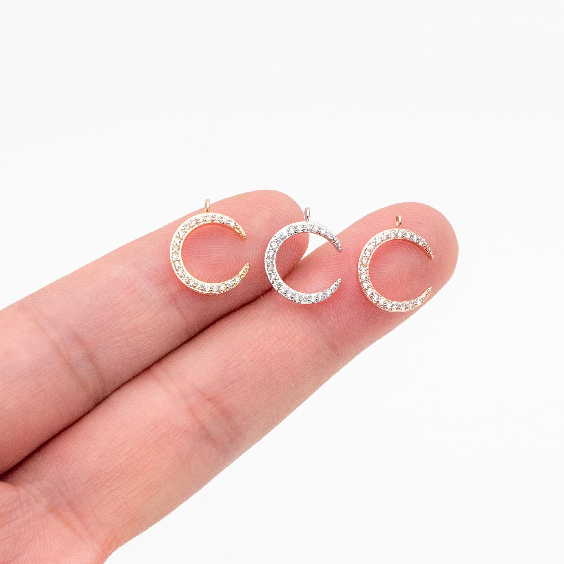10pcs CZ Pave Moon Charms: Gold/ Rhodium/ Rose Gold Plated Brass Crescent Pendants (GB-618-G)