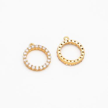 4pcs CZ Pave Gold Circle Charms 13x11mm, Real Gold plated Brass, Round Ring Pendants (GB-376-E)
