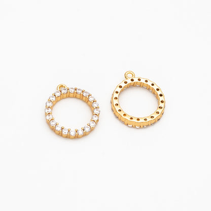 4pcs CZ Pave Gold Circle Charms 13x11mm, Real Gold plated Brass, Round Ring Pendants (GB-376-E)