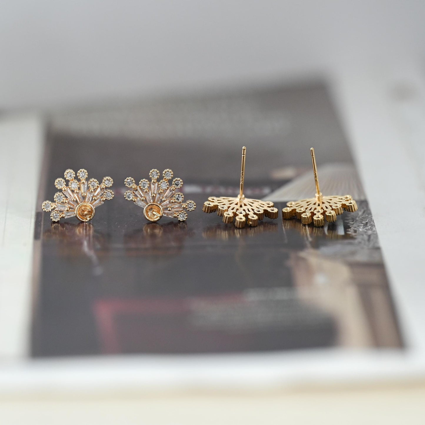 4pcs Gold CZ Pave Flower Earring 17x12mm, Pearl Peg Earring Mounts,Half Drilled Pearl Post Earring Settings (#GB-3148)