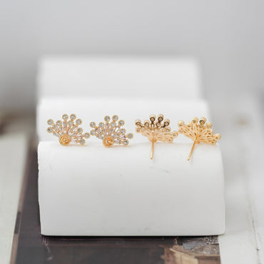 4pcs Gold CZ Pave Flower Earring 17x12mm, Pearl Peg Earring Mounts,Half Drilled Pearl Post Earring Settings (#GB-3148)