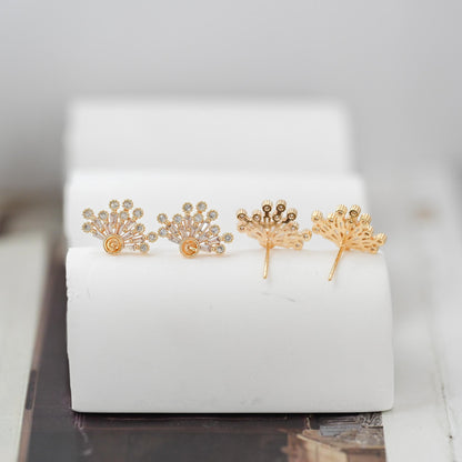 4pcs Gold CZ Pave Flower Earring 17x12mm, Pearl Peg Earring Mounts,Half Drilled Pearl Post Earring Settings (#GB-3148)