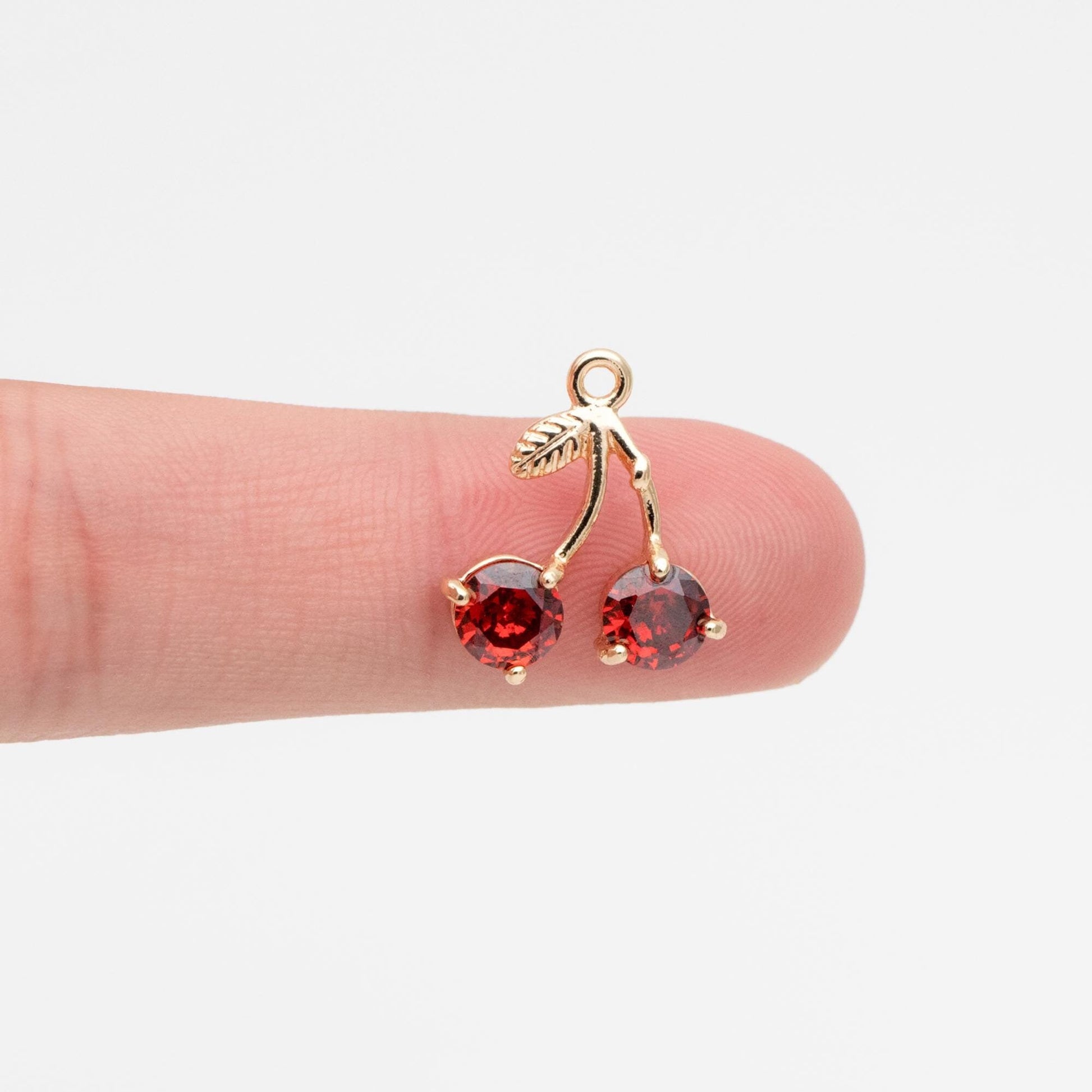 4pcs Red CZ Pave Gold Cherry Charms, Real Gold plated Brass, Earring Charms (GB-2612-B)