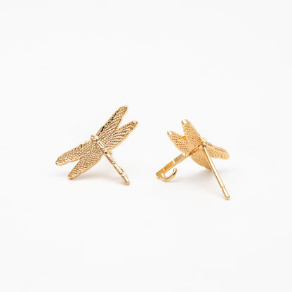 10pcs Gold Dragonfly Stud Earrings with Loop 16x11mm, 18K Gold plated Brass Ear Posts Wholesale (#GB-415)