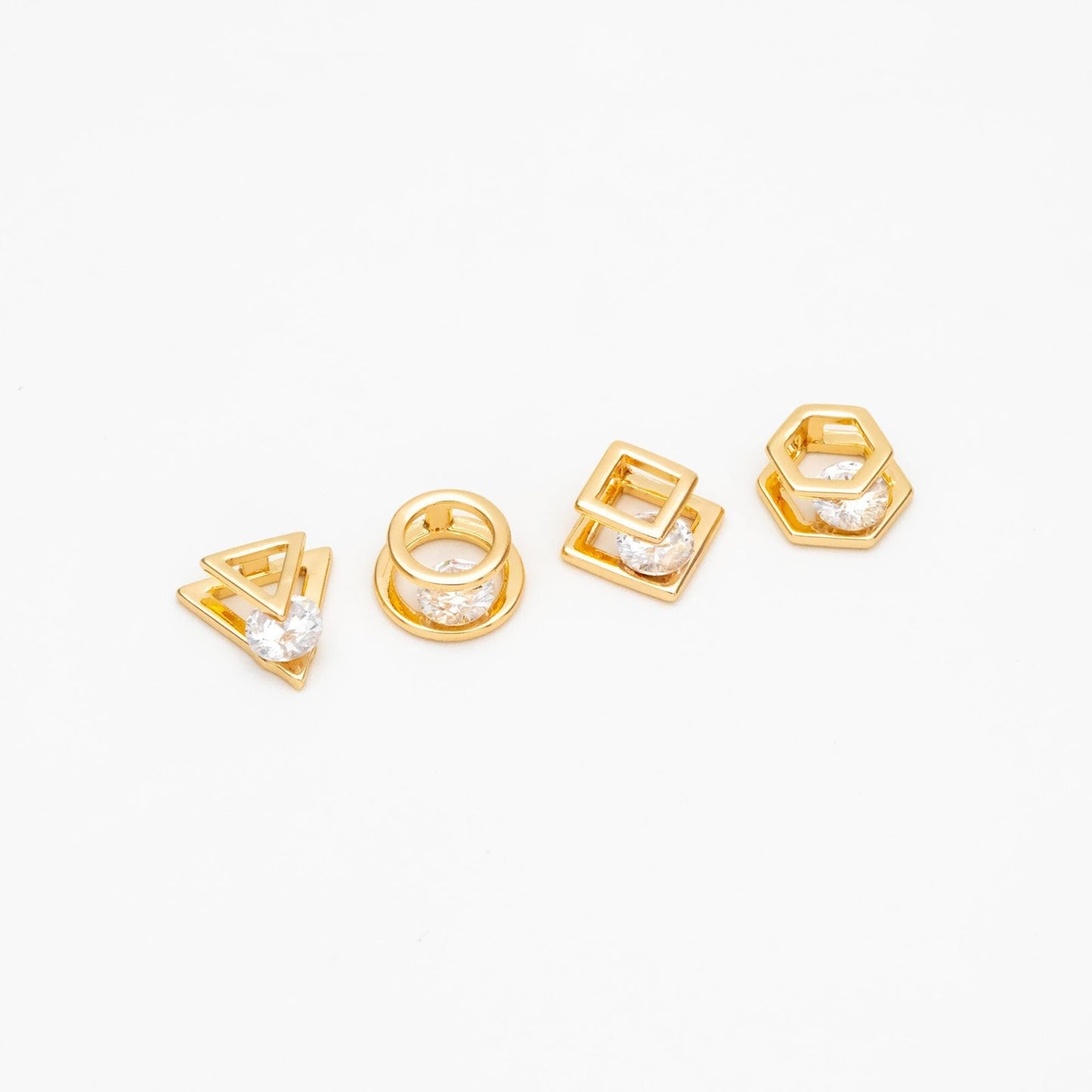 10pcs CZ Pave Gold Geometric Beads, Gold plated Brass Charm Links, Triangle Round Square Hexagon (GB-417)