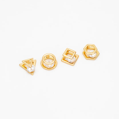 10pcs CZ Pave Gold Geometric Beads, Gold plated Brass Charm Links, Triangle Round Square Hexagon (GB-417)