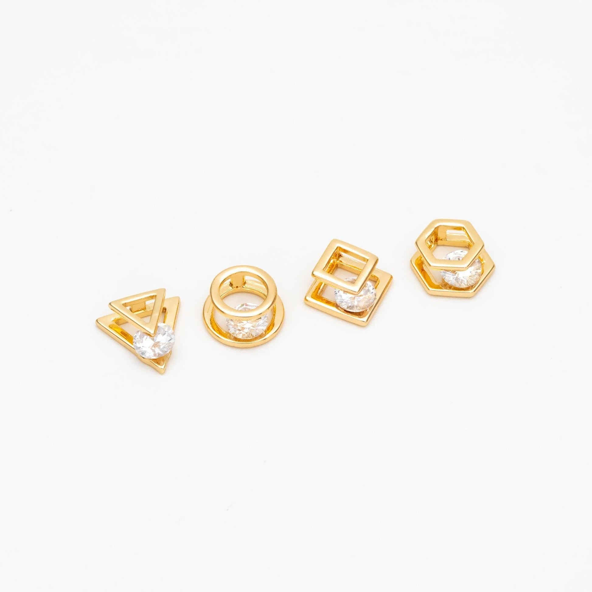 10pcs CZ Pave Gold Geometric Beads, Gold plated Brass Charm Links, Triangle Round Square Hexagon (GB-417)