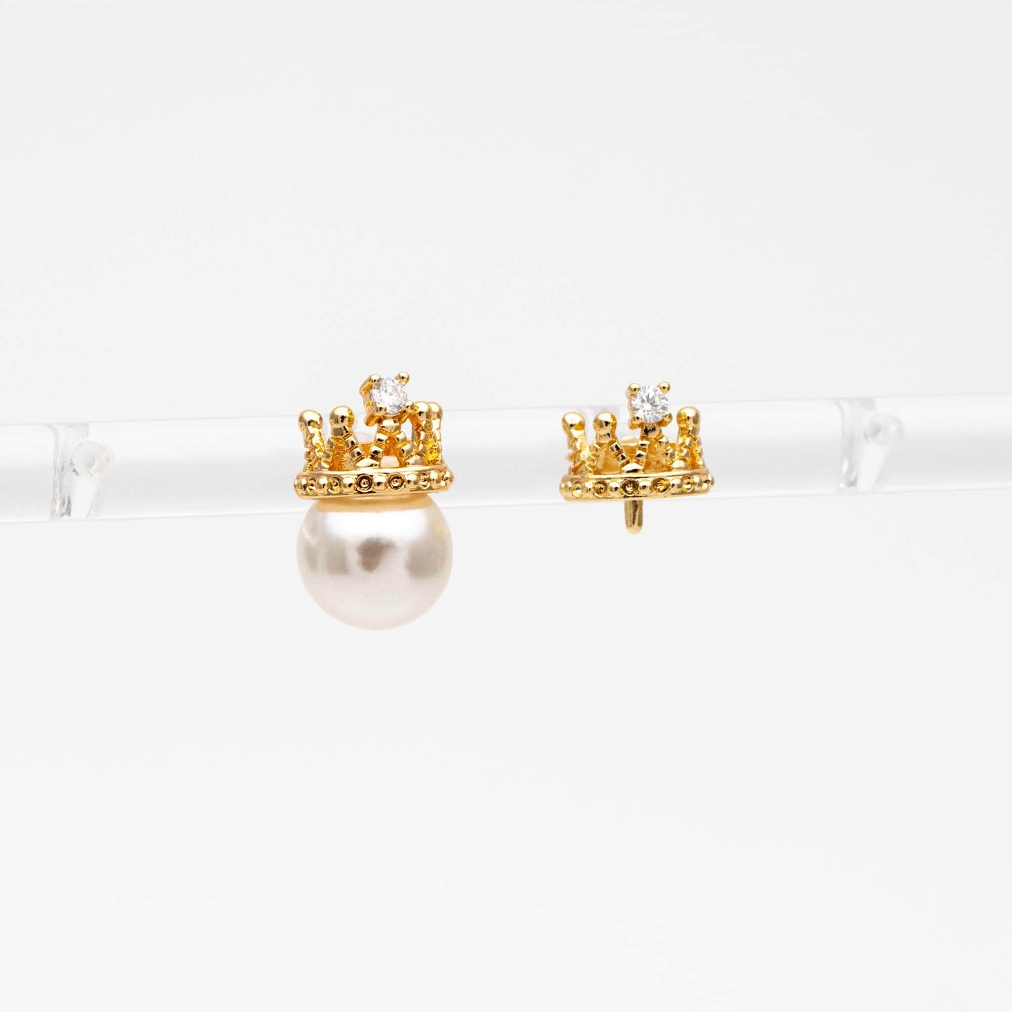 10pcs CZ Pave Crown Ear Posts, Pearl Peg Earring, 18K Gold Plated Brass Stud Earrings(#GB-431)