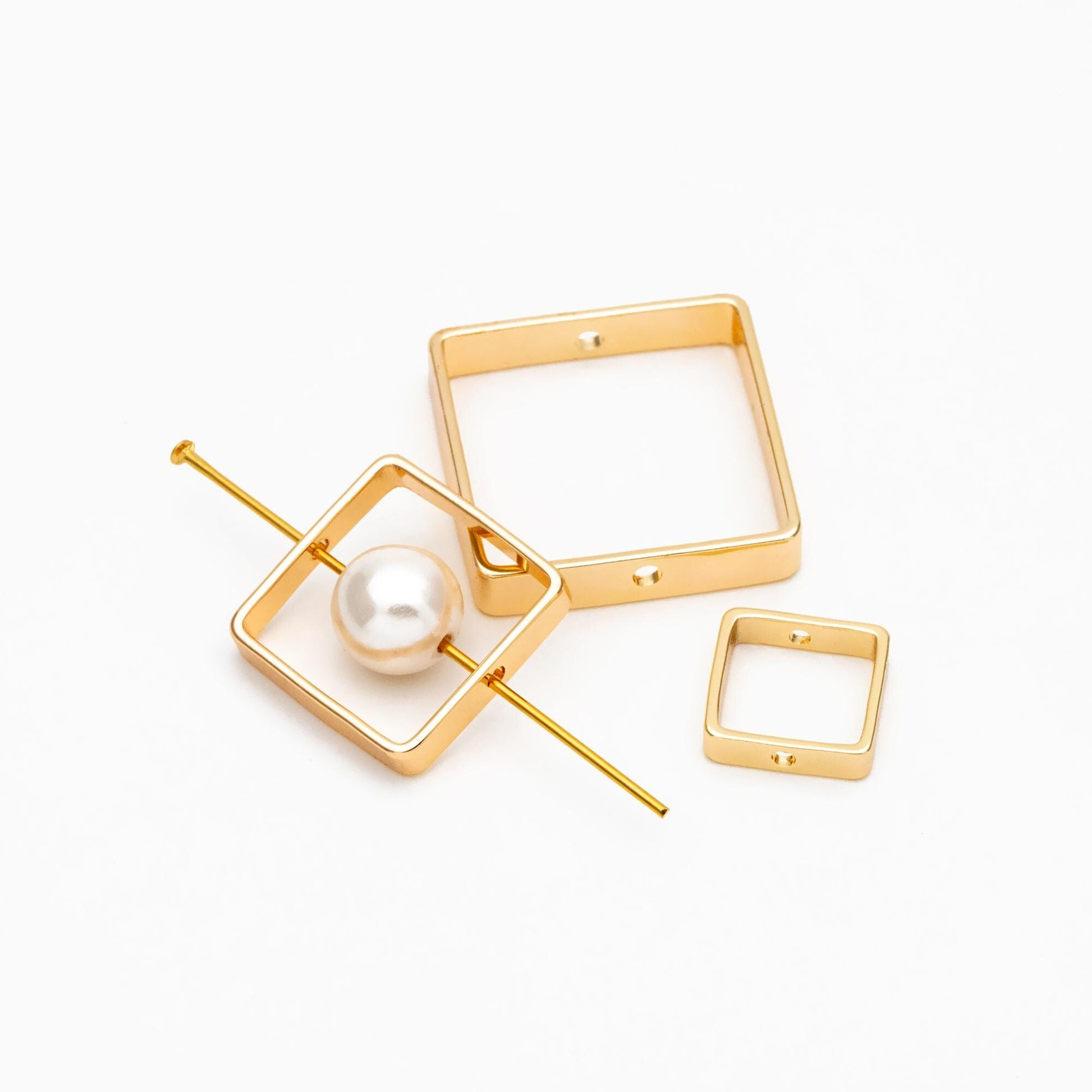 10pcs Gold Square Link Charms 10/ 15/ 20mm, Real Gold plated Brass, Geometric Thick Hoop Connectors with Two Holes (GB-440)