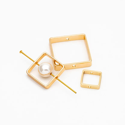 10pcs Gold Square Link Charms 10/ 15/ 20mm, Real Gold plated Brass, Geometric Thick Hoop Connectors with Two Holes (GB-440)