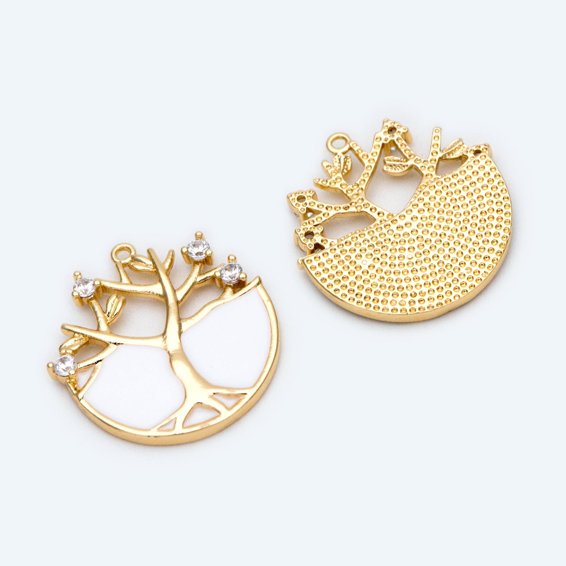 4pcs CZ pave Gold Life Tree Charm, Black / White Enamel, Earring Findings, Jewelry Making, Diy Material, Jewelry Supplies (GB-2054-1)