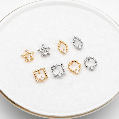 10pcs CZ Pave Gold/ Silver Tone Star/ Teardrop/ Square/ Circle Earrings, Gold/ Rhodium Plated Brass, Dainty Geometric Earrings (GB-4625)