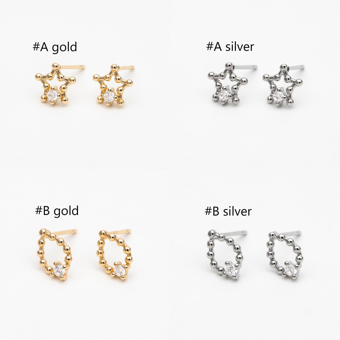 10pcs CZ Pave Gold/ Silver Tone Star/ Teardrop/ Square/ Circle Earrings, Gold/ Rhodium Plated Brass, Dainty Geometric Earrings (GB-4625)