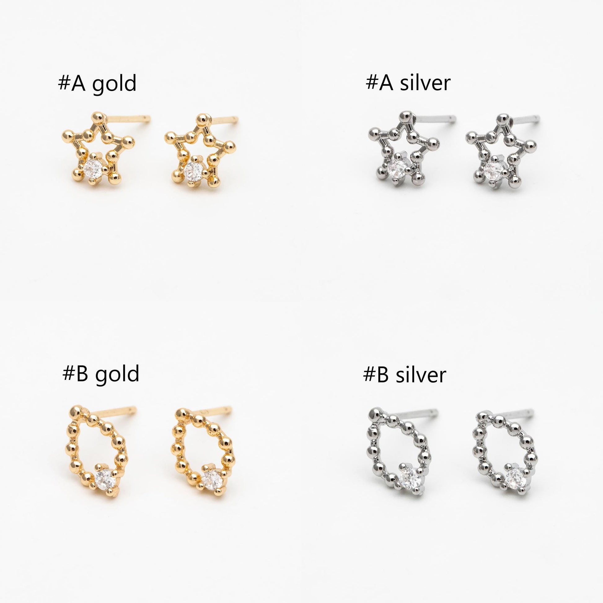 10pcs CZ Pave Gold/ Silver Tone Star/ Teardrop/ Square/ Circle Earrings, Gold/ Rhodium Plated Brass, Dainty Geometric Earrings (GB-4625)