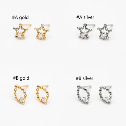 10pcs CZ Pave Gold/ Silver Tone Star/ Teardrop/ Square/ Circle Earrings, Gold/ Rhodium Plated Brass, Dainty Geometric Earrings (GB-4625)
