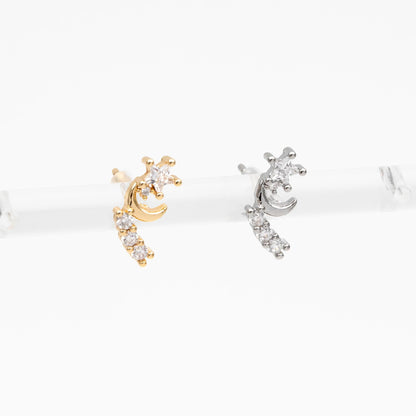 10pcs CZ Pave Gold/ Silver Tone Moon and Star Earrings, Gold/ Rhodium Plated Brass, Dainty Stud Earrings (GB-4628)