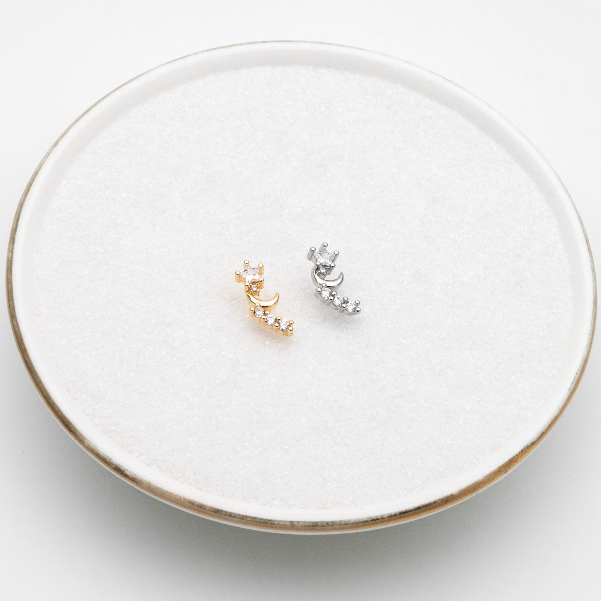 10pcs CZ Pave Gold/ Silver Tone Moon and Star Earrings, Gold/ Rhodium Plated Brass, Dainty Stud Earrings (GB-4628)