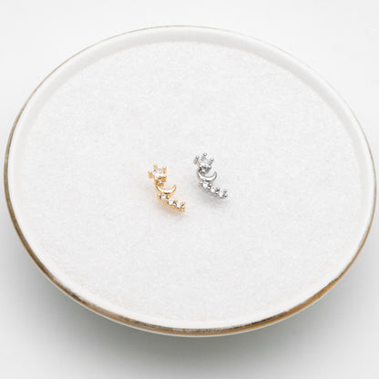 10pcs CZ Pave Gold/ Silver Tone Moon and Star Earrings, Gold/ Rhodium Plated Brass, Dainty Stud Earrings (GB-4628)