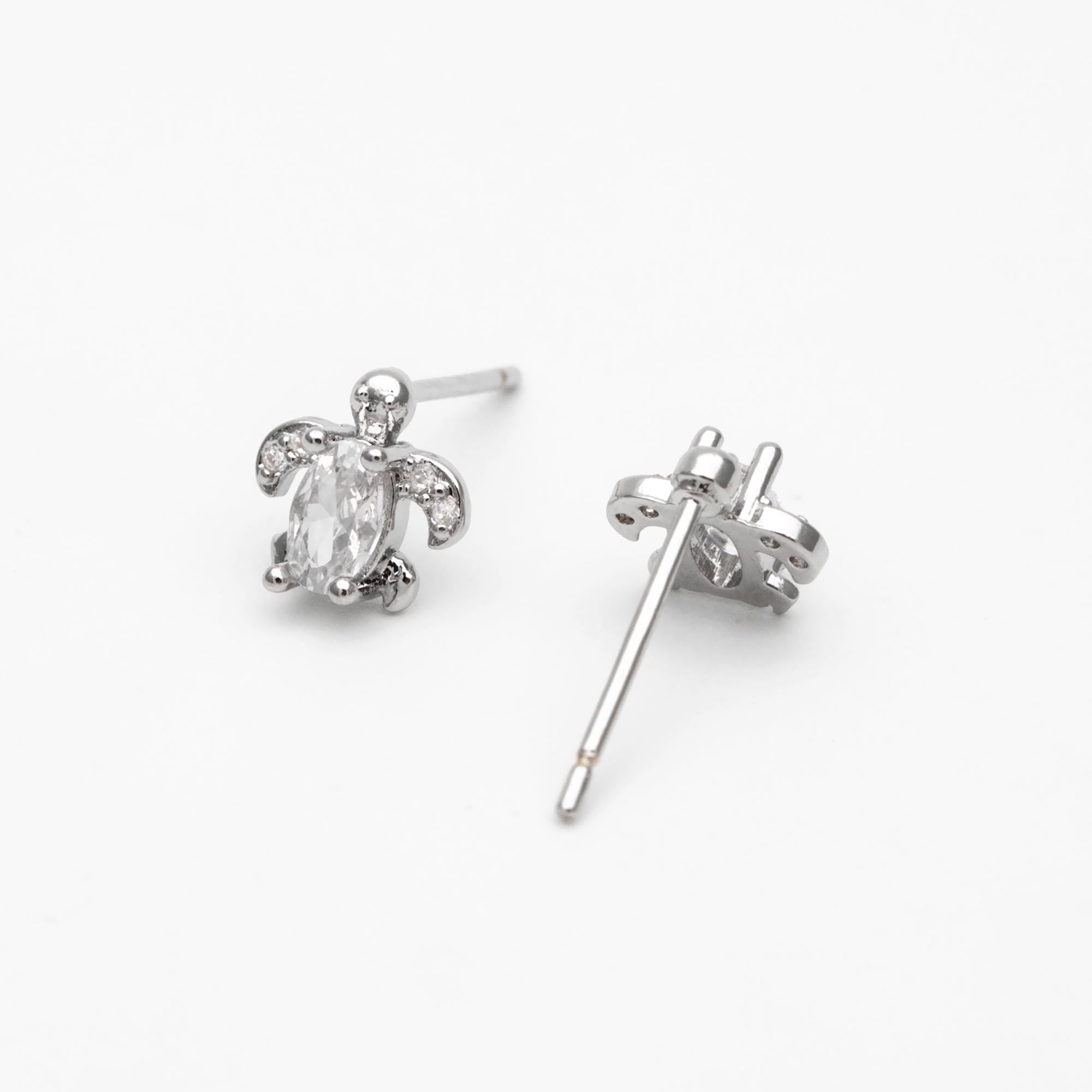 10pcs CZ Pave Gold/ Silver Tone Turtle Earrings, Gold/ Rhodium Plated Brass, Minimalist Stud Earrings (GB-4630)